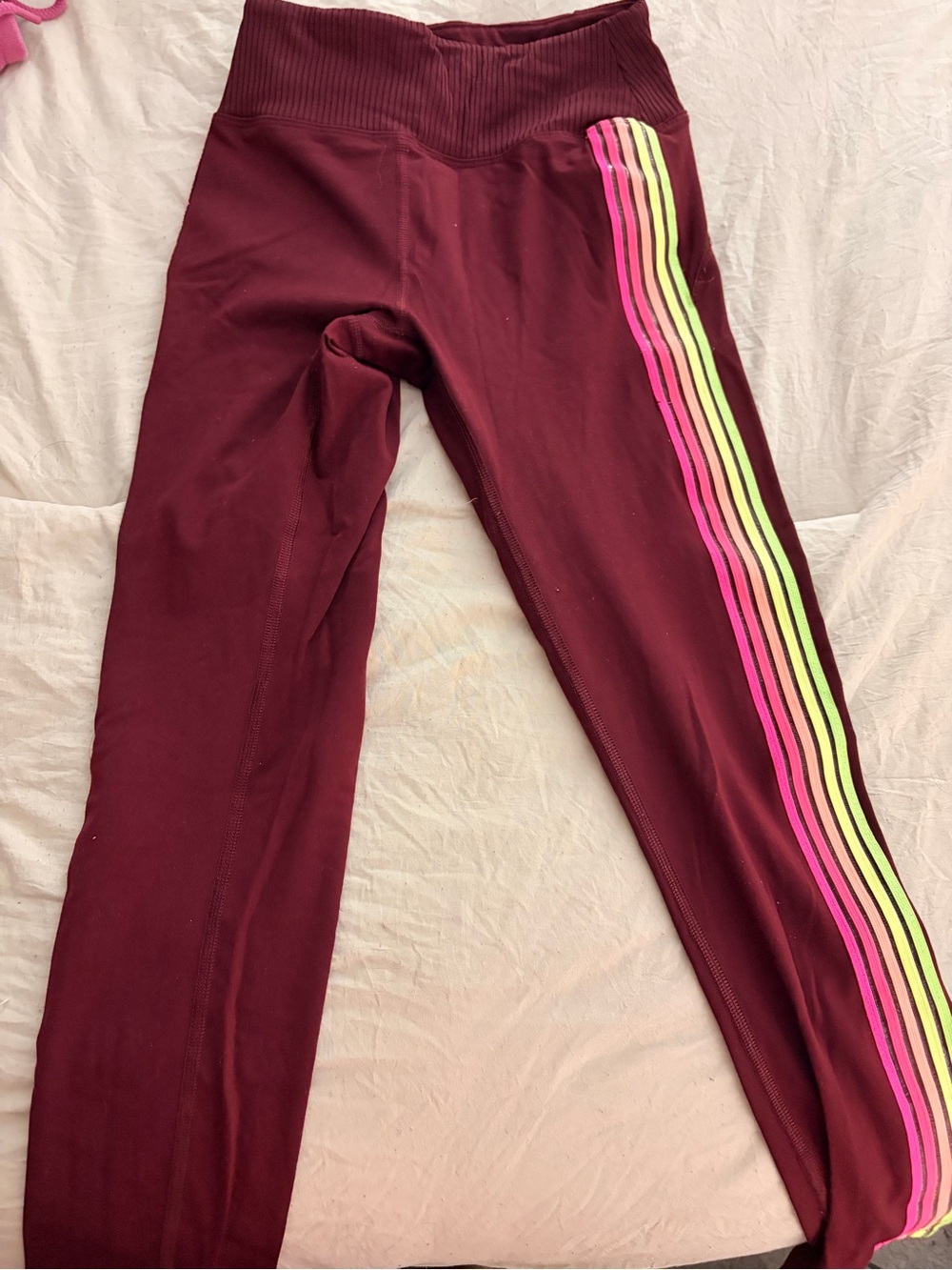 Victoria's Secret Maroon Kids' Leggings with Pink and Neon Yellow Side Stripes